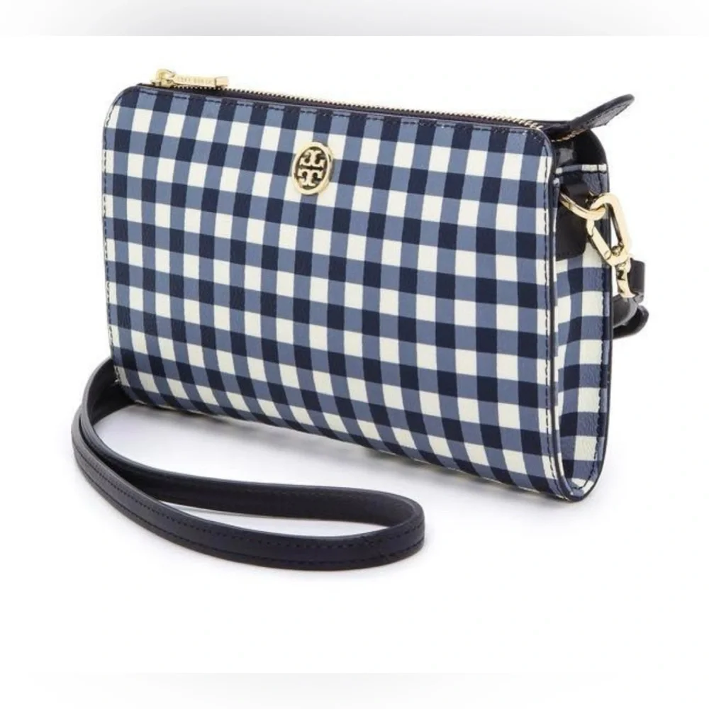 Tory Burch Navy Robinson Checkered Crossbody Bag- Like New - Picture 1 of 9